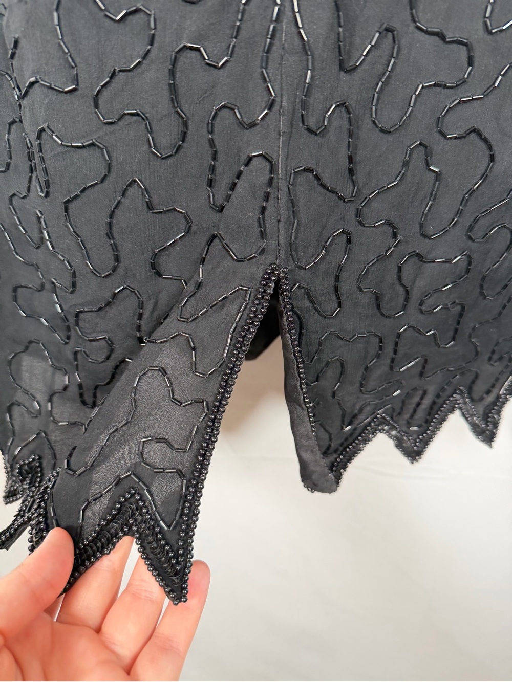Vintage 80s Laurence Kazar Black Silk Beaded V-Neck Cocktail Mini Dress - Picture 9 of 10